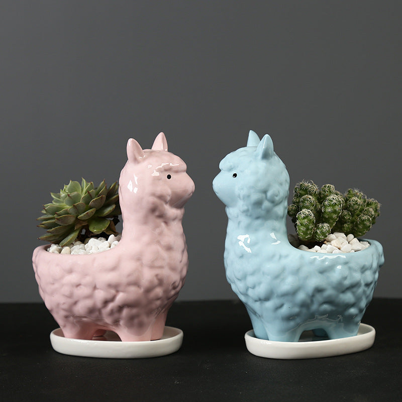 Lovely Blue Alpaca Plant Pot With Tray Creative Indoor Planter Animal Decor