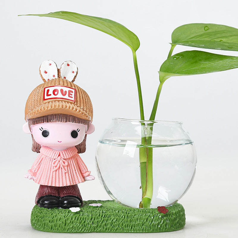 Resin Rabbit Ears Figurine Girl Terrarium Pot Hydroponic Plants Hydrocotyle