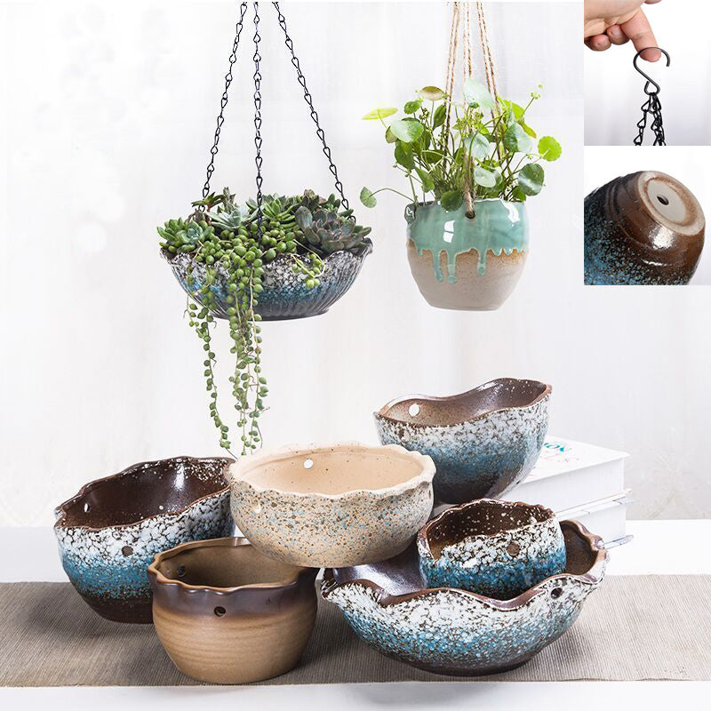 Blue White Leaf Hanging Glazed Pot