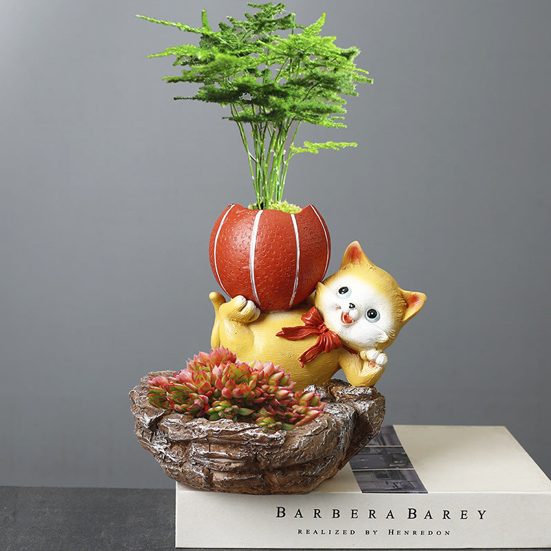 Yellow Cat Lifting Orange Basketball Resin Plant Pots Creative Planters Home Decor