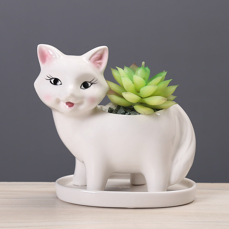 Lovely White Fox Plant Pot With Tray Decorative Succulent Planter Birthday Gift