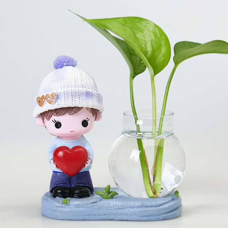 Resin Hugging Figurine Boy Terrarium Pot Hydroponic Plants Hydrocotyle