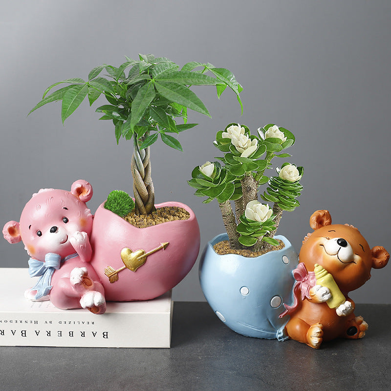 Pink Bear Sit Beside Heart Resin Plant Pots Indoor Planters Creative Decor