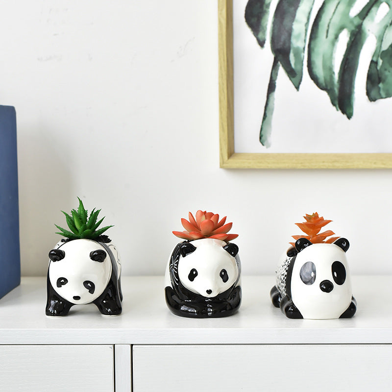 White Mini Cute Panda Glazed Plant Pot , Model 3