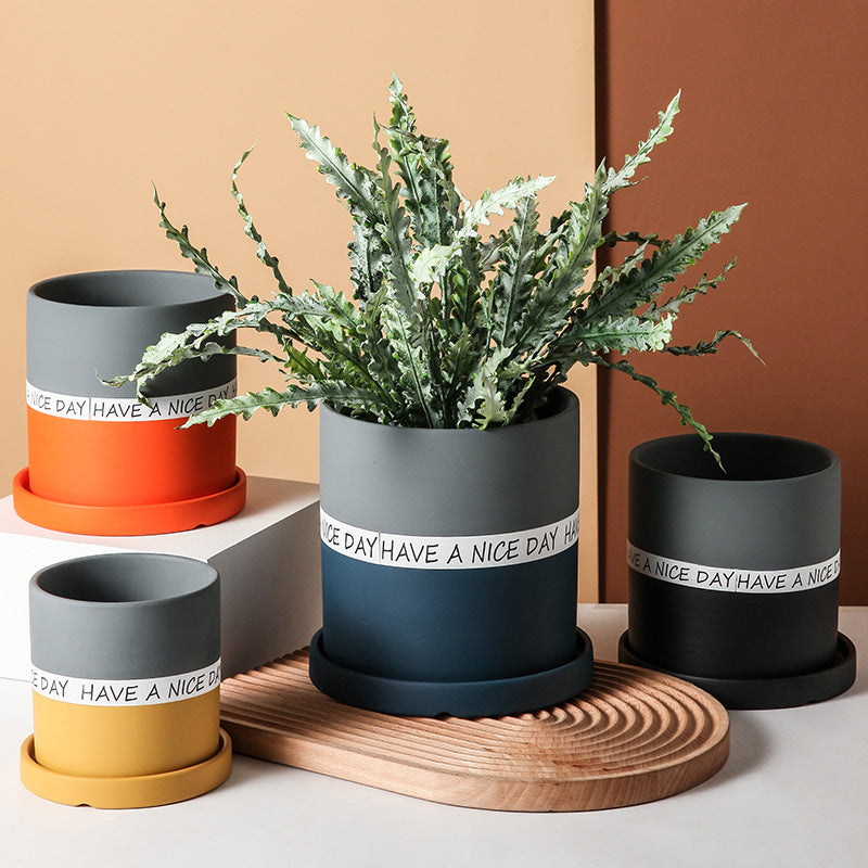 Dark Grey + Yellow Cylinder Plant Pots with Saucer