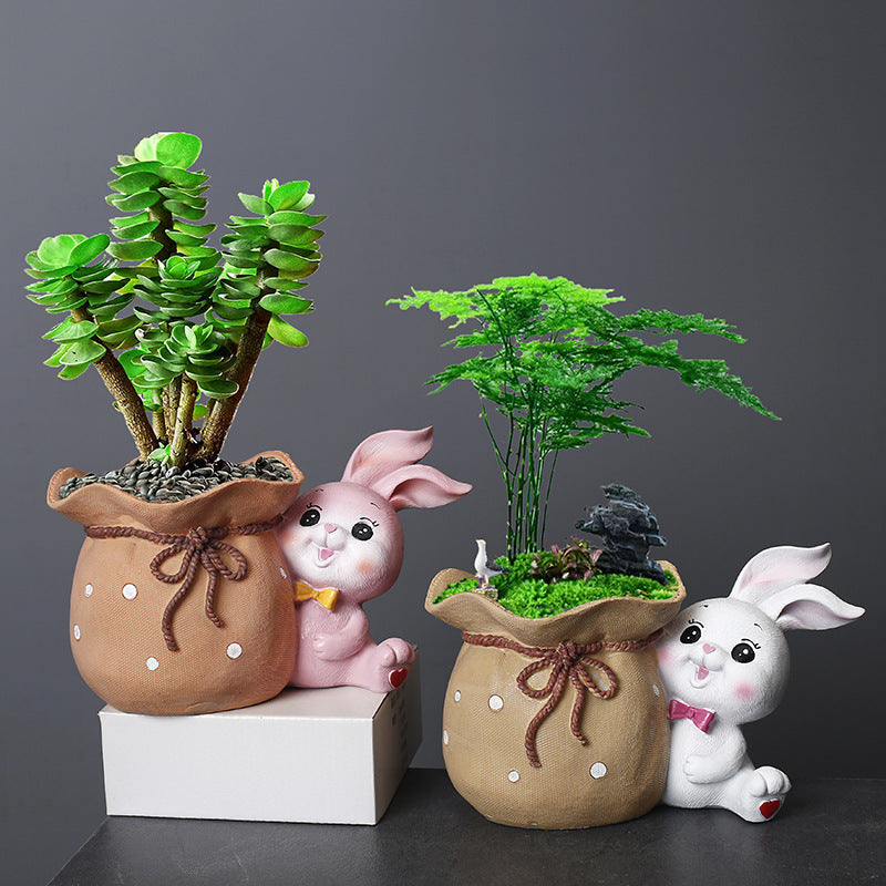 White Bunny Holding Cloth Bag Resin Plant Pots Succulent Planters Birthday Gifts