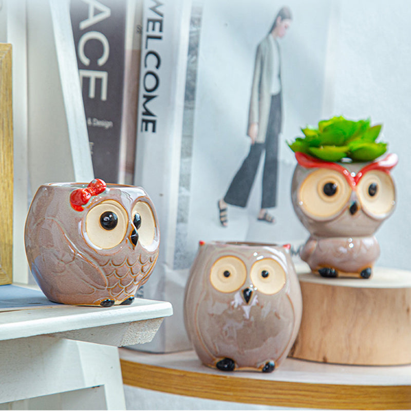 Brown Owl Glazed Plant Pot , Red Eyebrow