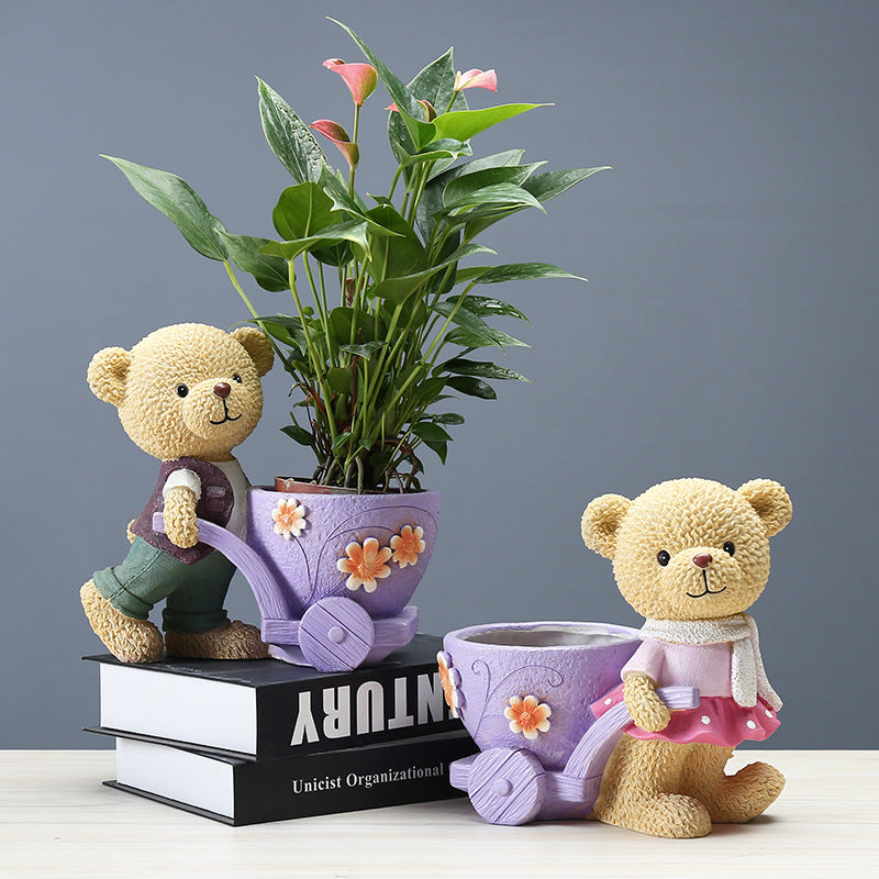 Male Bear With Cart Mini Resin Plant Pots Lovely Indoor Planters Creative Decor