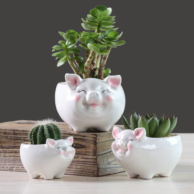 Pink Little Pig Glazed Plant Pot Lovely Indoor Planter Mini Animal Decor