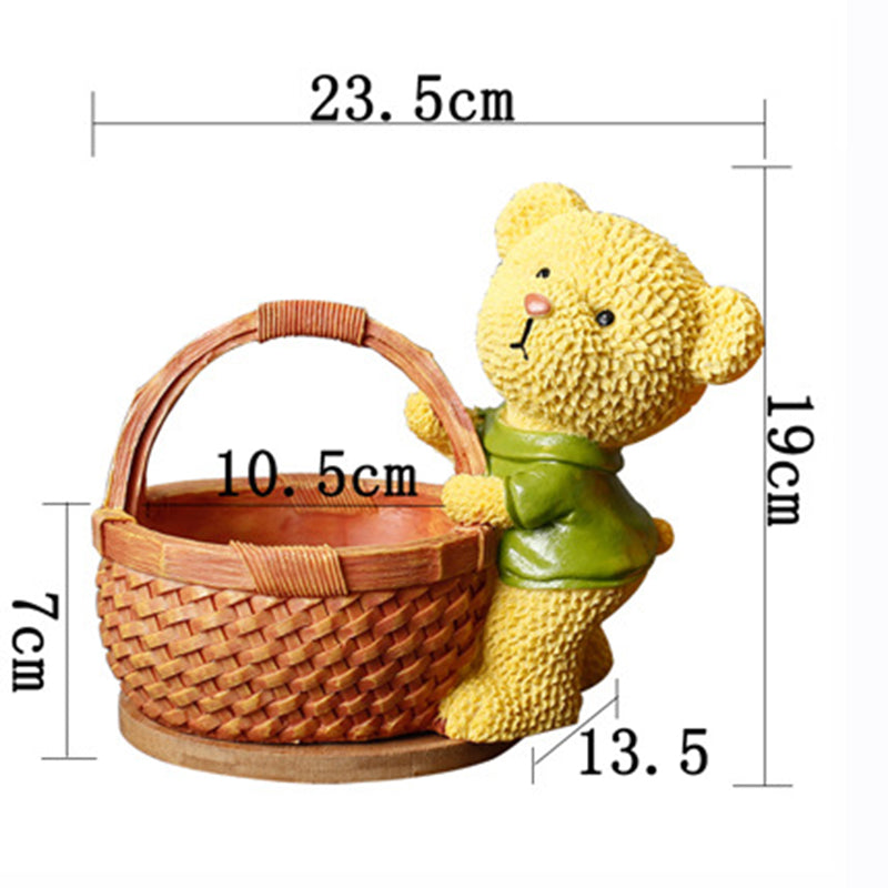 Green Clothes Bear Brown Basket Mini Resin Plant Pot With Bamboo Holder