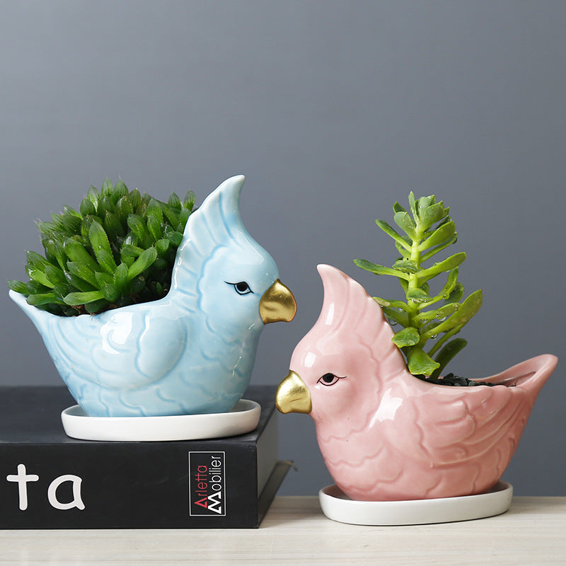 Lovely Blue Parrot Mini Plant Pot Creative Indoor Planter Animal Decor