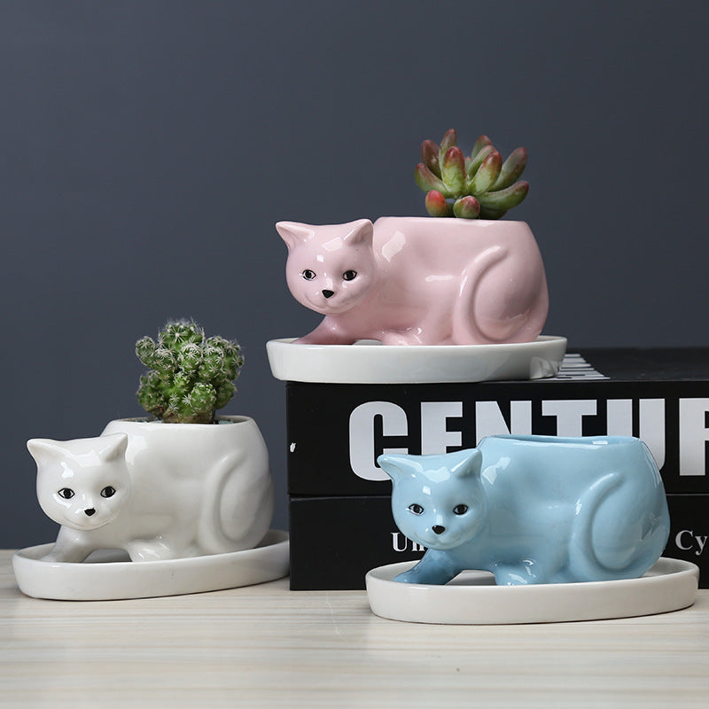 Super Cute Pink Kitten Plant Pot Creative Indoor Succulent Planter With Tray