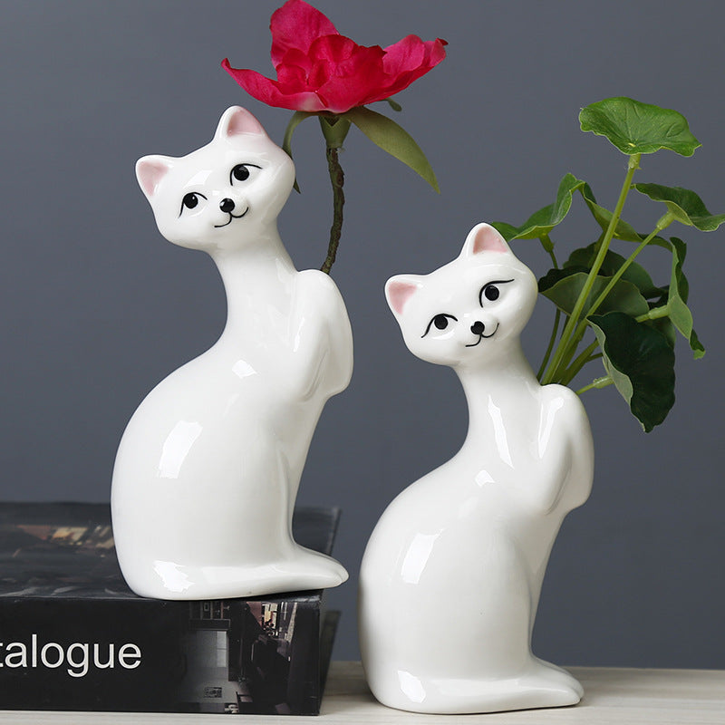 White Kitten Ceramic Vase Lovely Creative Flower Vase Home Decor