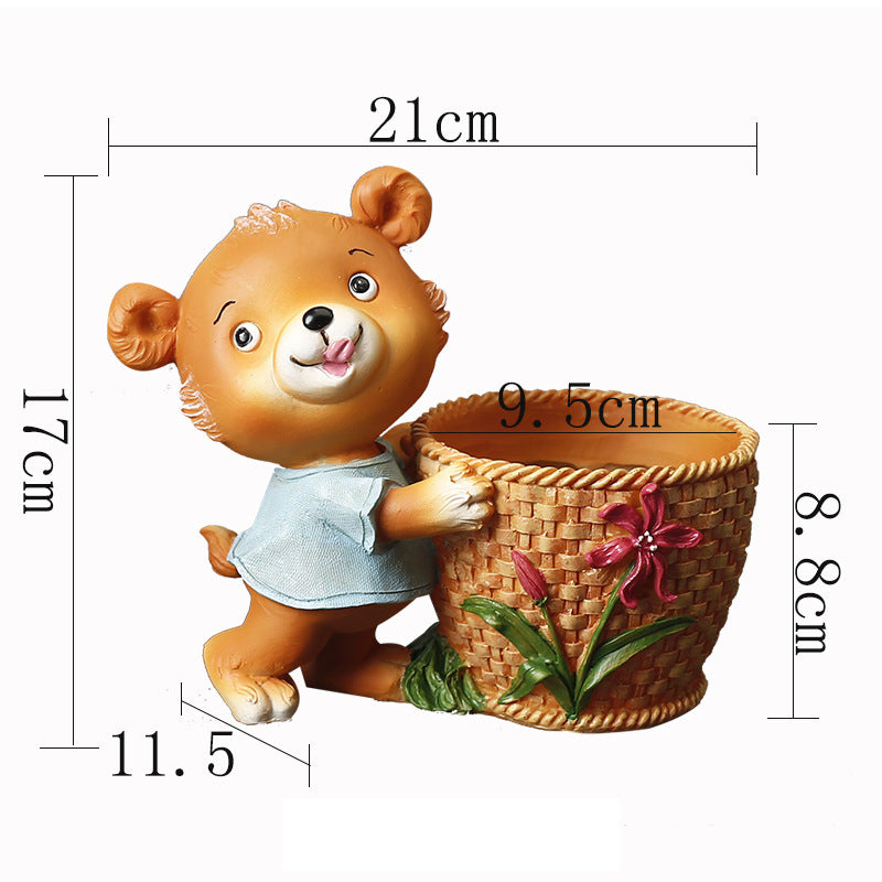 Blue Clothes Brown Bear With Basket Resin Plant Pots Indoor Planters Creative Decor