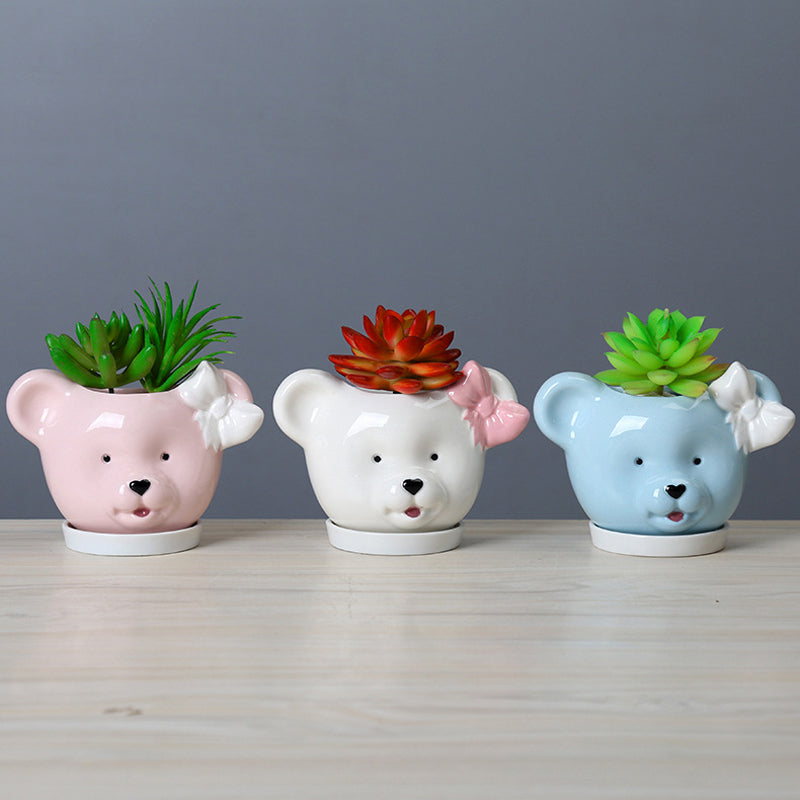 Pink Bear Head Plant Pot Lovely Creative Animal Planter Home Decor