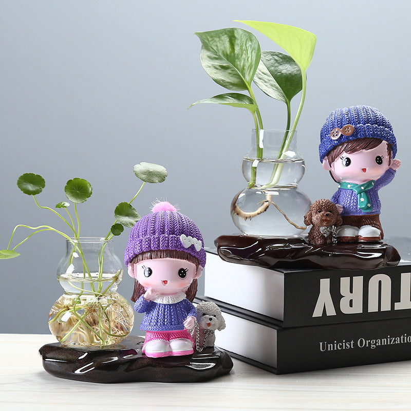 Female Doll Lead Puppy Hydroponic Pot Creative Plant Terrarium Plant Lover Gifts