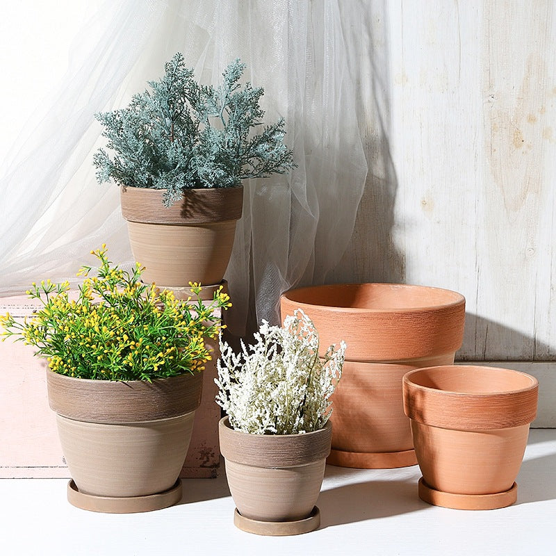 Mocha Terracotta Round Plant Pot Wide-brimmed Brushed Flowerpot