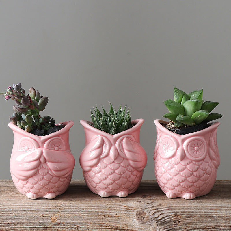 Mini Pink Owl Plant Pot Lovely Indoor Succulent Planter , Model 1