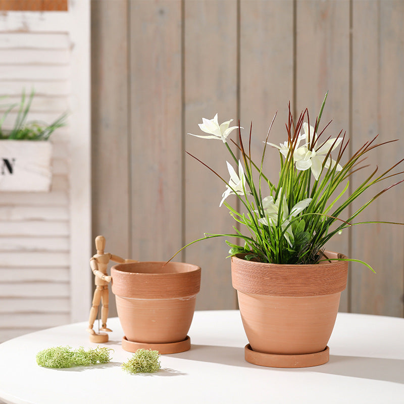 Terracotta Round Plant Pot Wide-brimmed Brushed Flowerpot