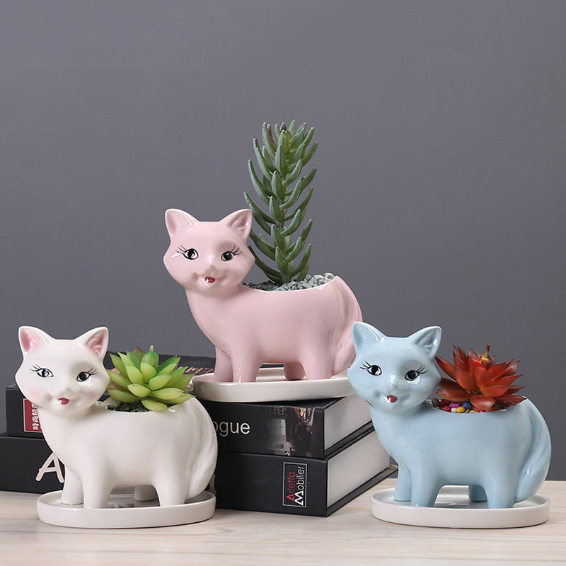 Lovely Pink Fox Plant Pot With Tray Decorative Succulent Planter Birthday Gift