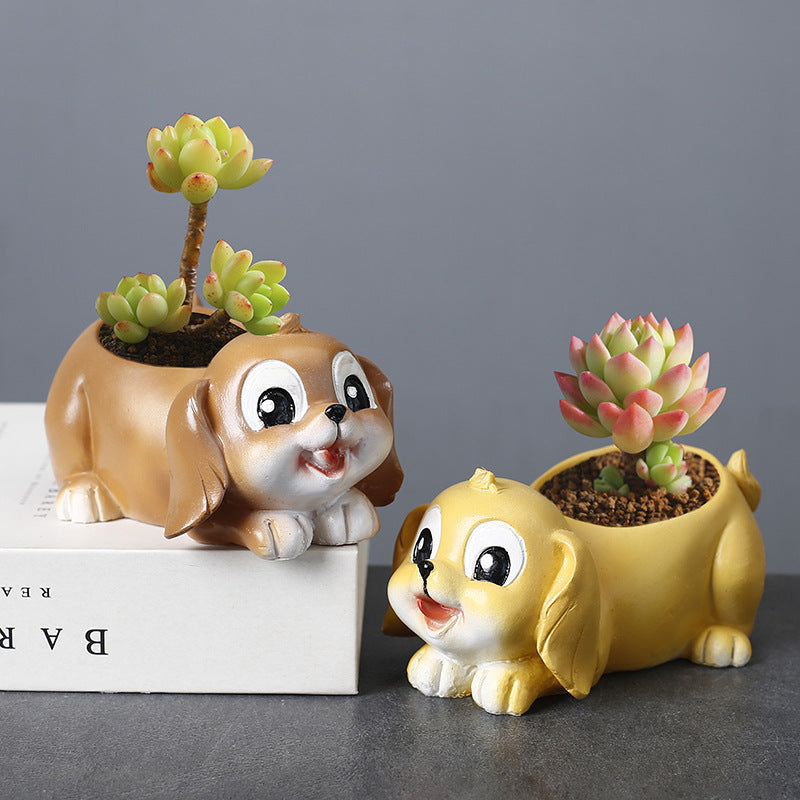 Resin Yellow Puppy Plant Pots Creative Mini Animal Planters Indoor Flowerpots