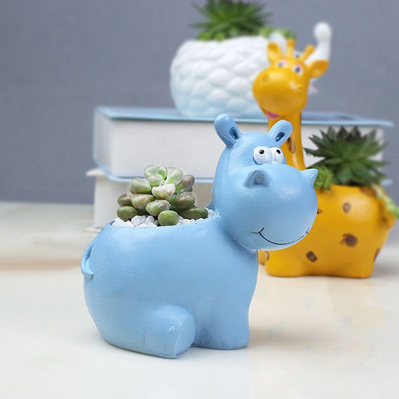 Blue Hippo Mini Resin Plant Pot Indoor Planter Creative Animal Decor