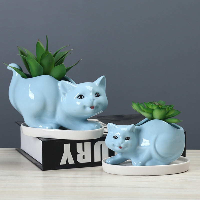 Blue Mother Kitten Plant Pot Lovely Creative Animal Planter Home Decor