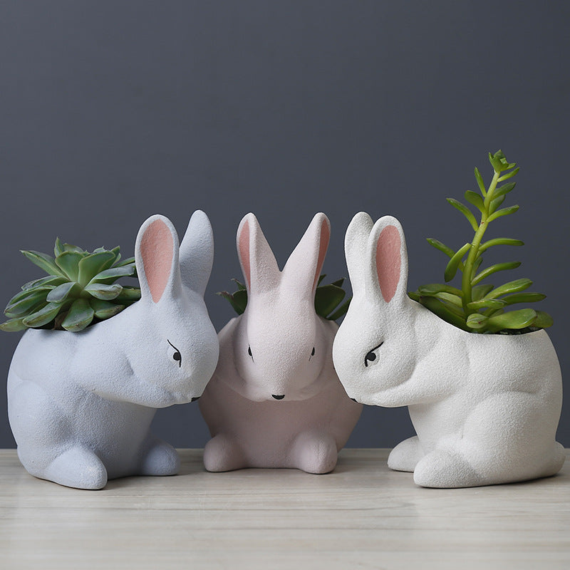 Light Pink Frosted Rabbit Plant Pot Lovely Creative Planter Home Office Decor