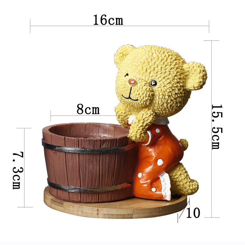 Orange Clothes Bear Brown Bucket Mini Resin Plant Pot With Bamboo Holder