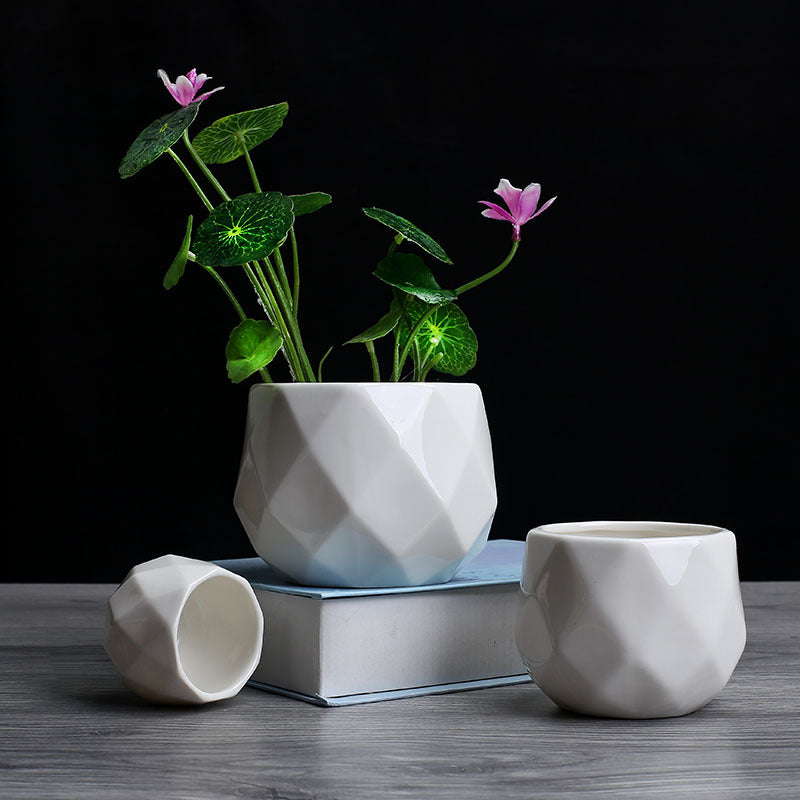 White Polyhedron Plant Pot Modern Creative Planter Home Office Decor