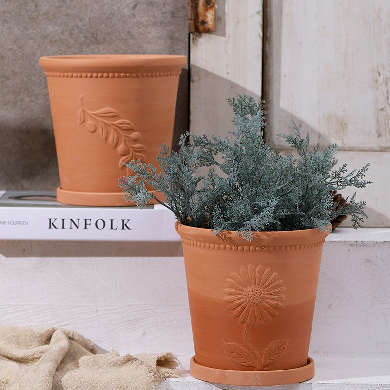 Olive Leaf Relief Terracotta Plant Pot