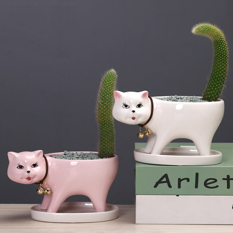 White Walking Kitten Plant Pot Mini Creative Planter Indoor Flowerpot