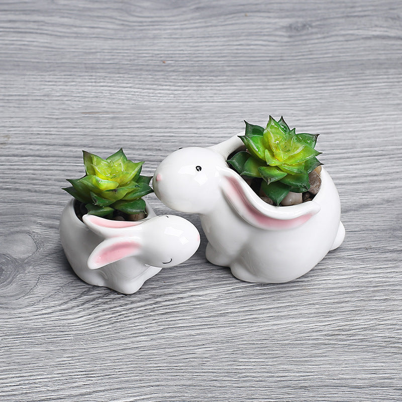 Mini White Rabbit Plant Pot Glazed Indoor Planter Creative Decor