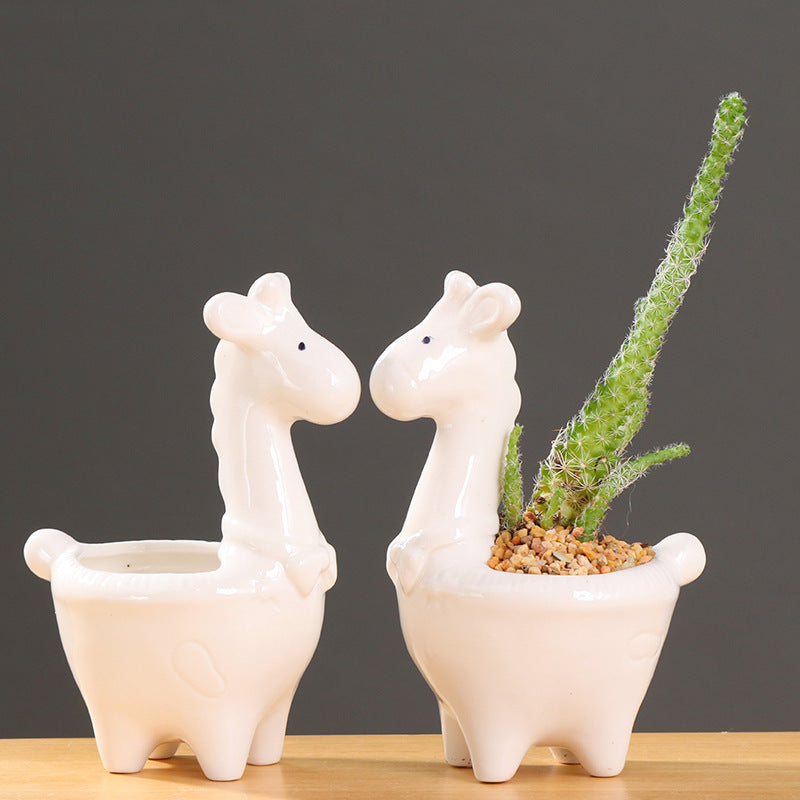 Lovely White Giraffe Plant Pot Creative Animal Planter Indoor Flowerpot