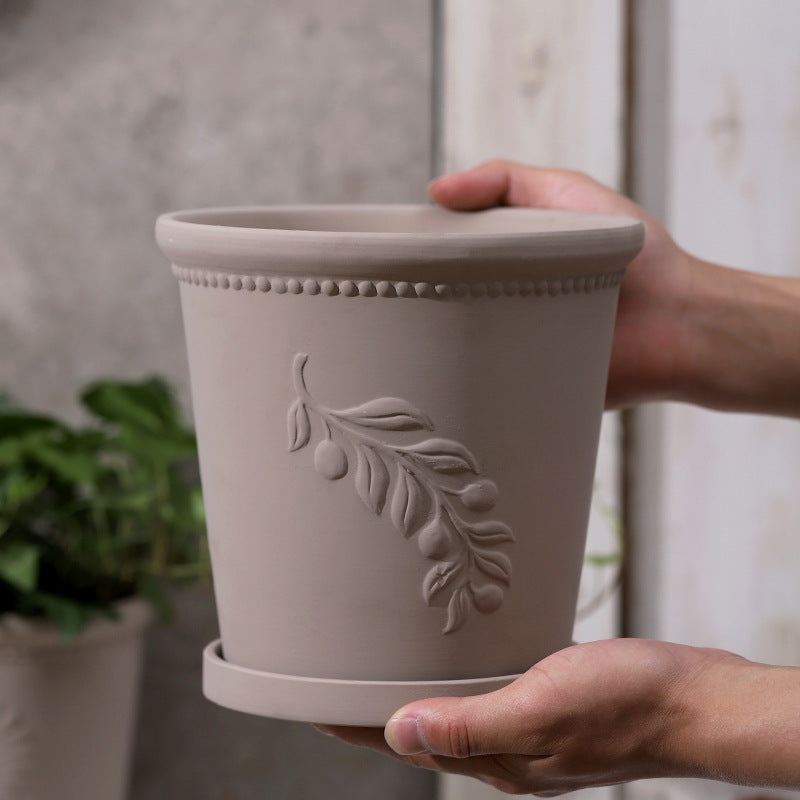 Mocha Olive Leaf Relief Terracotta Plant Pot Flowerpot