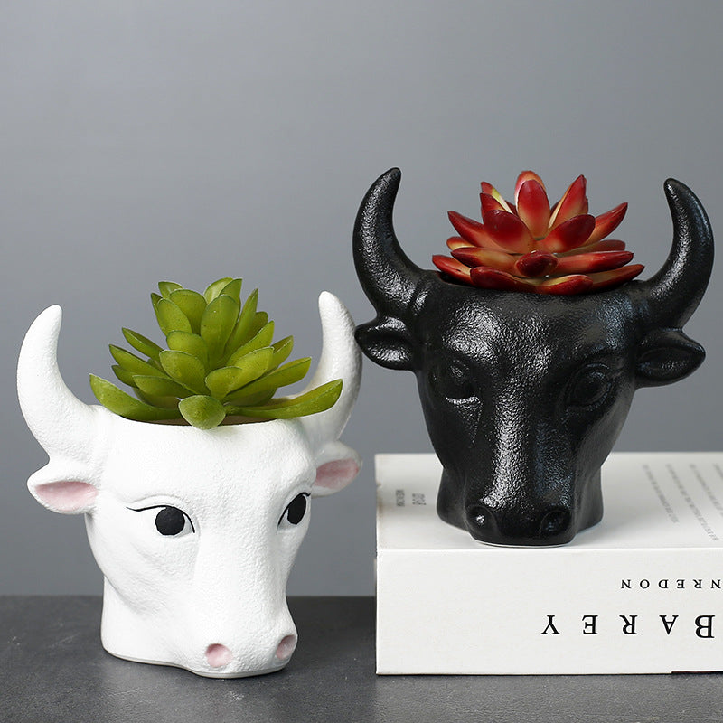 White Bull Plant Pot Ornament Indoor Planter Home Garden Decor