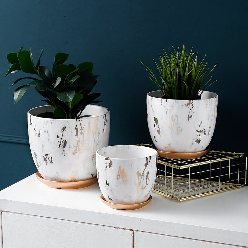 White Golden Texture Round Plant Pots Indoor Flowerpots Planters