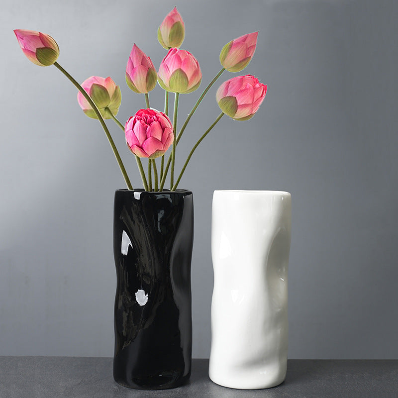 White Irregular Ceramic Vase With Straight Barrel, Decorative Vases For Living Room, Bedroom