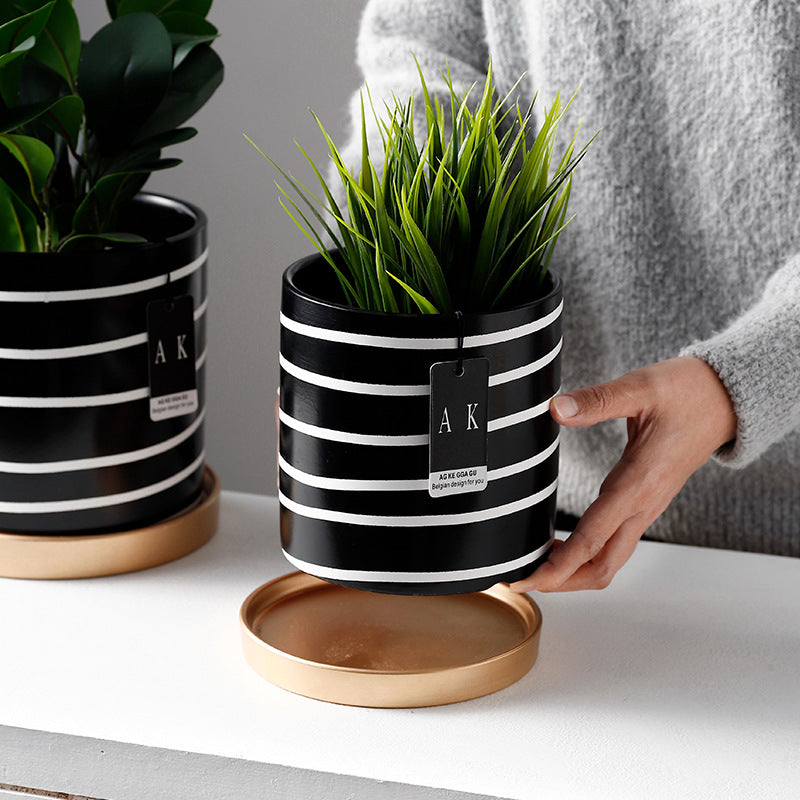 Black White Stripes Cylinder Plant Pots Indoor Flowerpots Planters