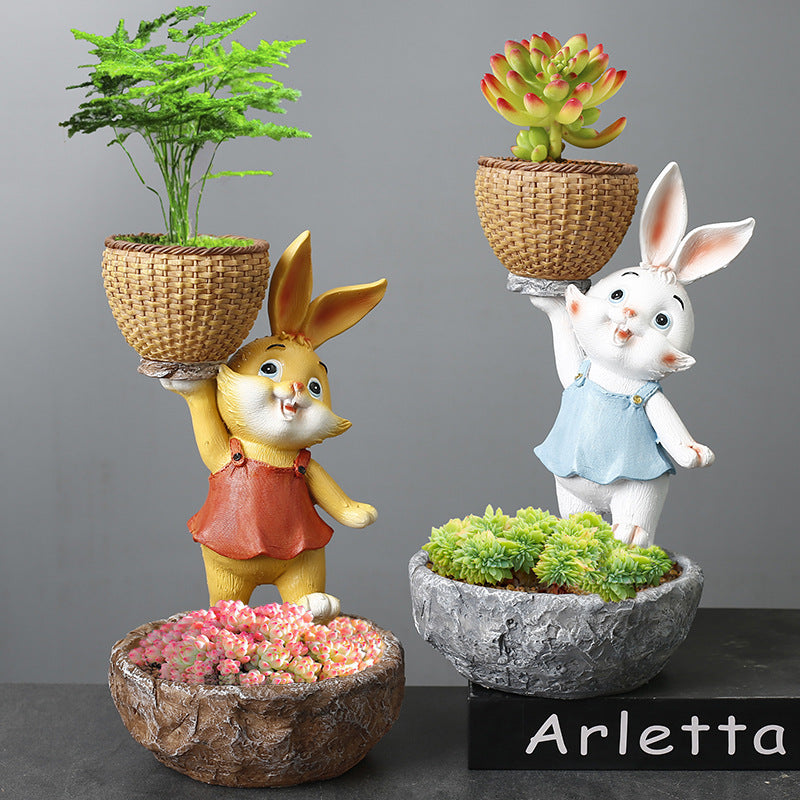 Orange Clothes Yellow Bunny Lifting Basket Resin Plant Pots Lovely Creative Planters