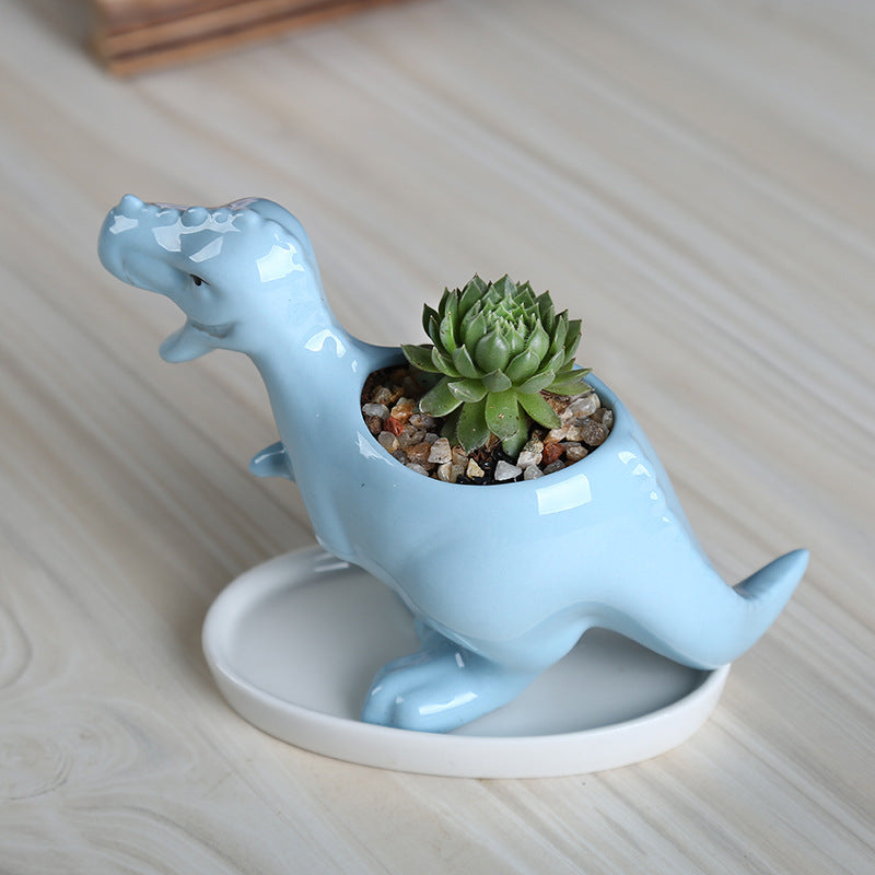 Mini Blue Tyrannosaurus Rex  Succulent Plant Pot Glazed Indoor Planter