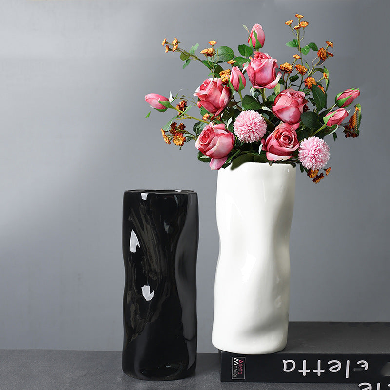 Black Irregular Ceramic Vase With Straight Barrel, Decorative Vases For Living Room, Bedroom