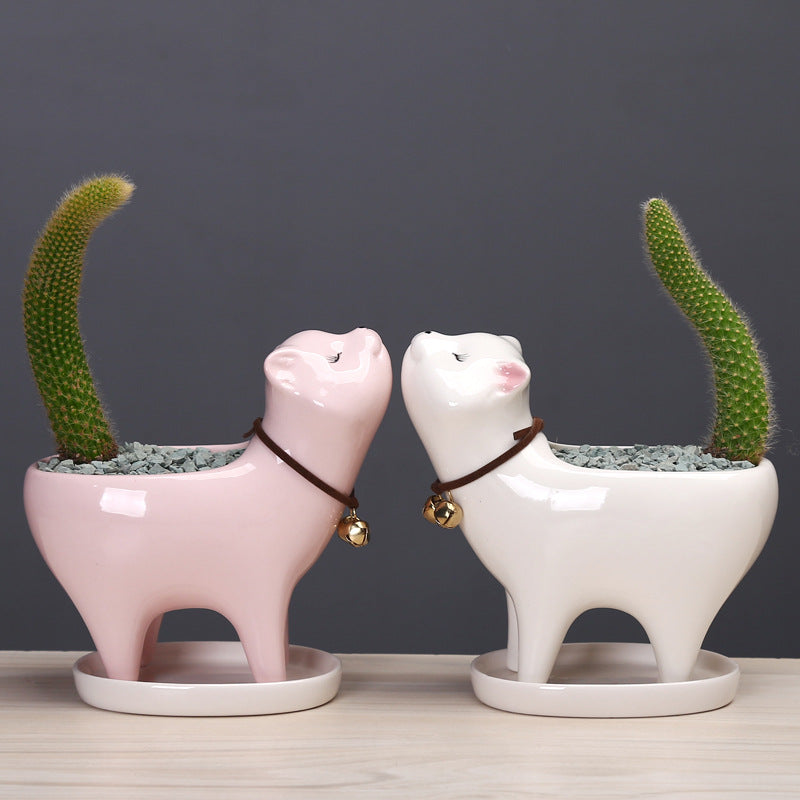 White Super Cute Kitten Plant Pot Mini Indoor Planter Animal Decor