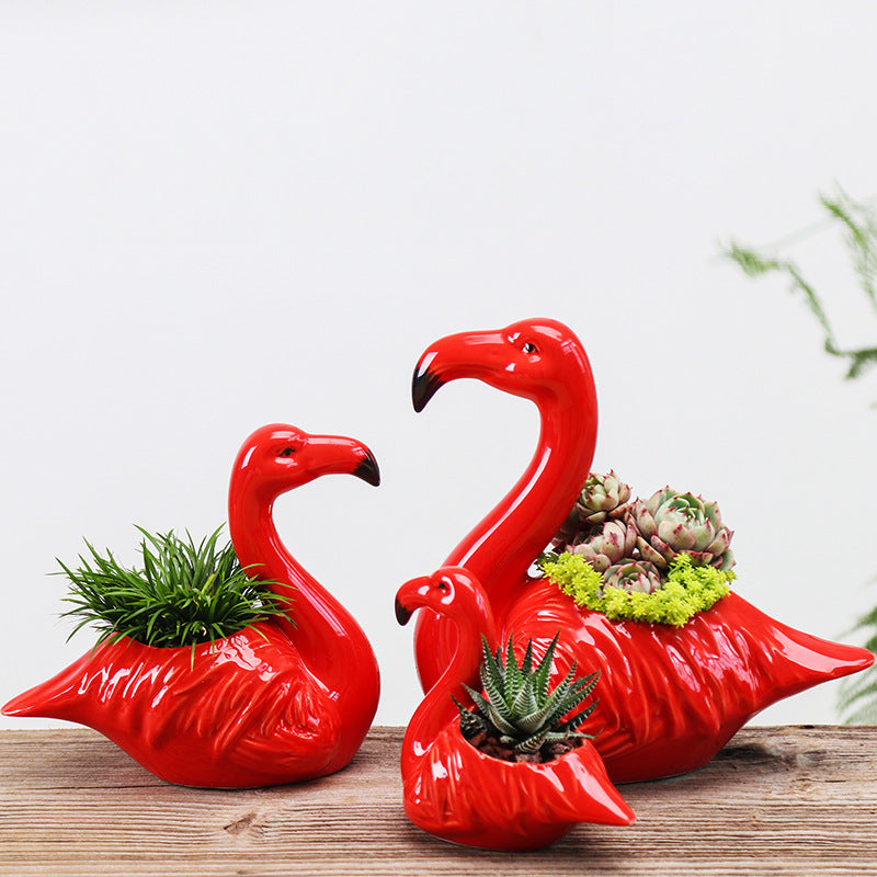 Lovely Red Flamingo Mini Plant Pot Creative Indoor Planter Animal Decor