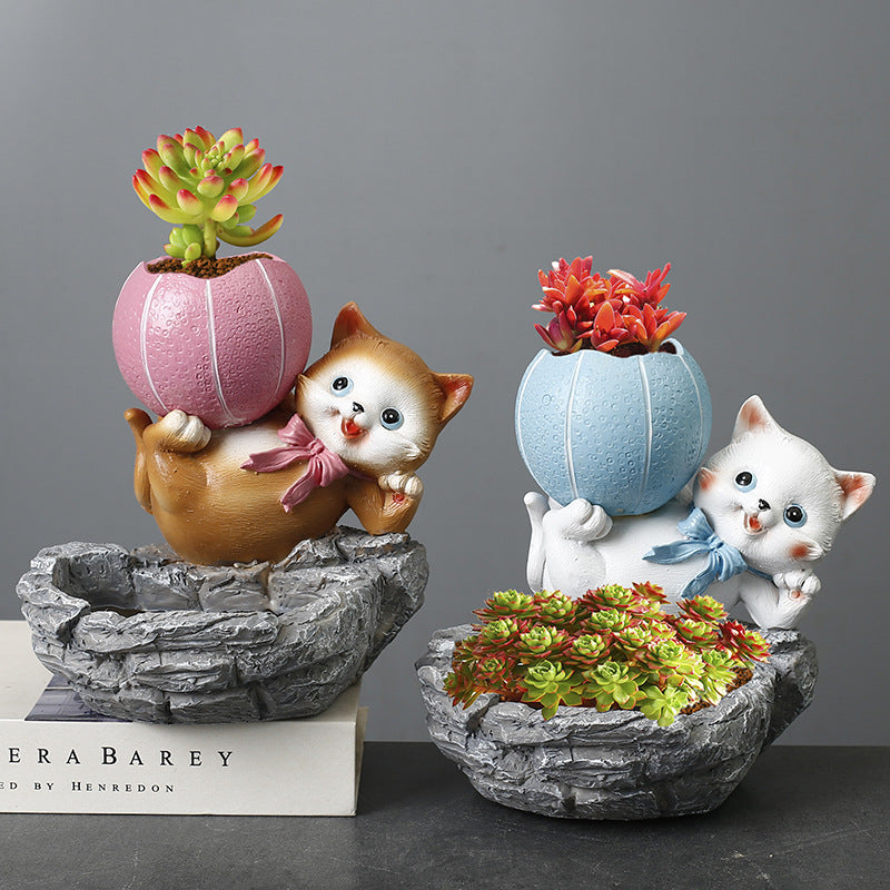 White Cat Lifting Blue Basketball Resin Plant Pots Creative Planters Home Decor