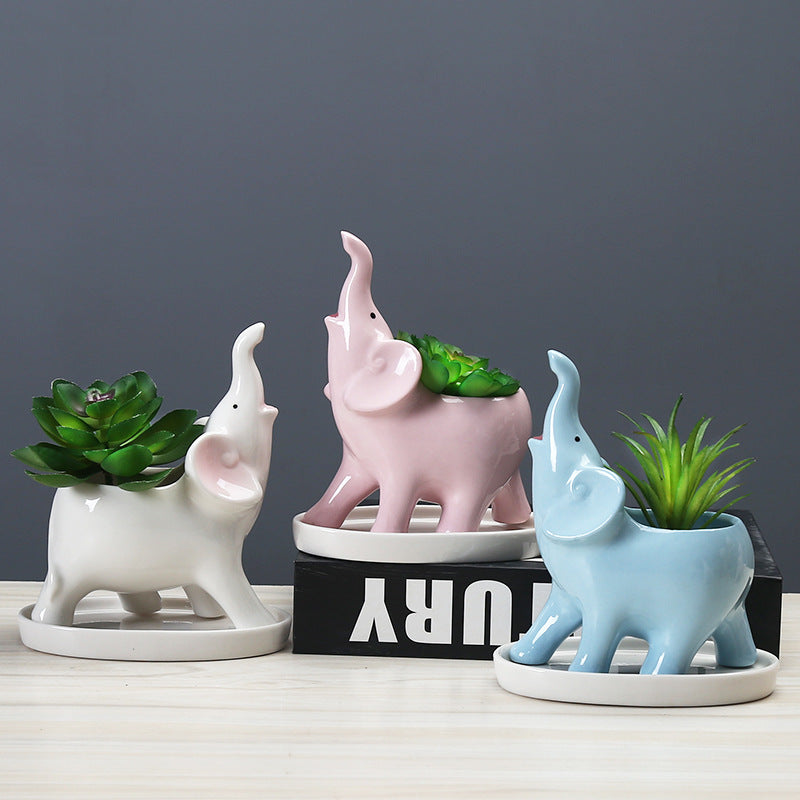 Blue Elephant Plant Pot WIth Tray Creative Succulent Planter Home Office Decor