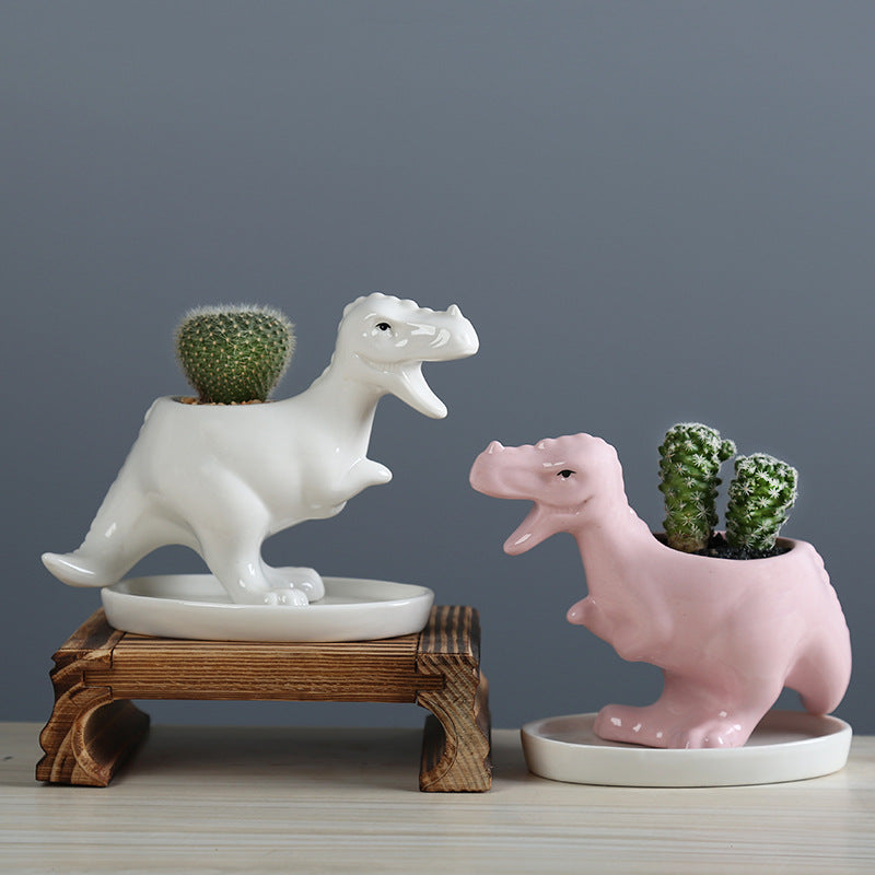 Mini Pink Tyrannosaurus Rex  Succulent Plant Pot Glazed Indoor Planter