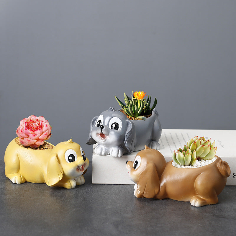 Resin Grey Puppy Plant Pots Creative Mini Animal Planters Indoor Flowerpots