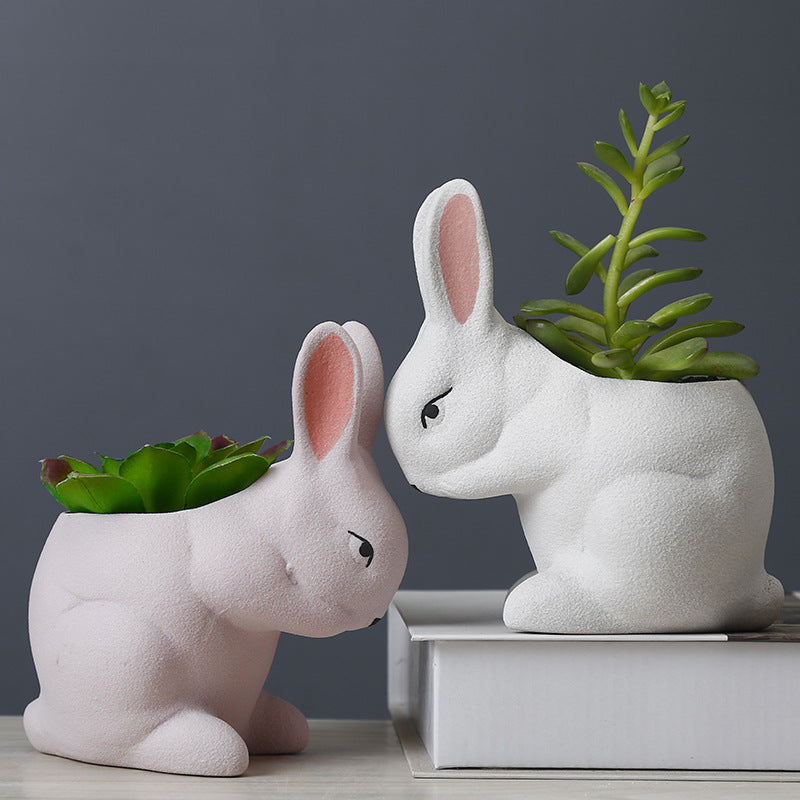 White Frosted Rabbit Plant Pot Lovely Creative Planter Home Office Decor