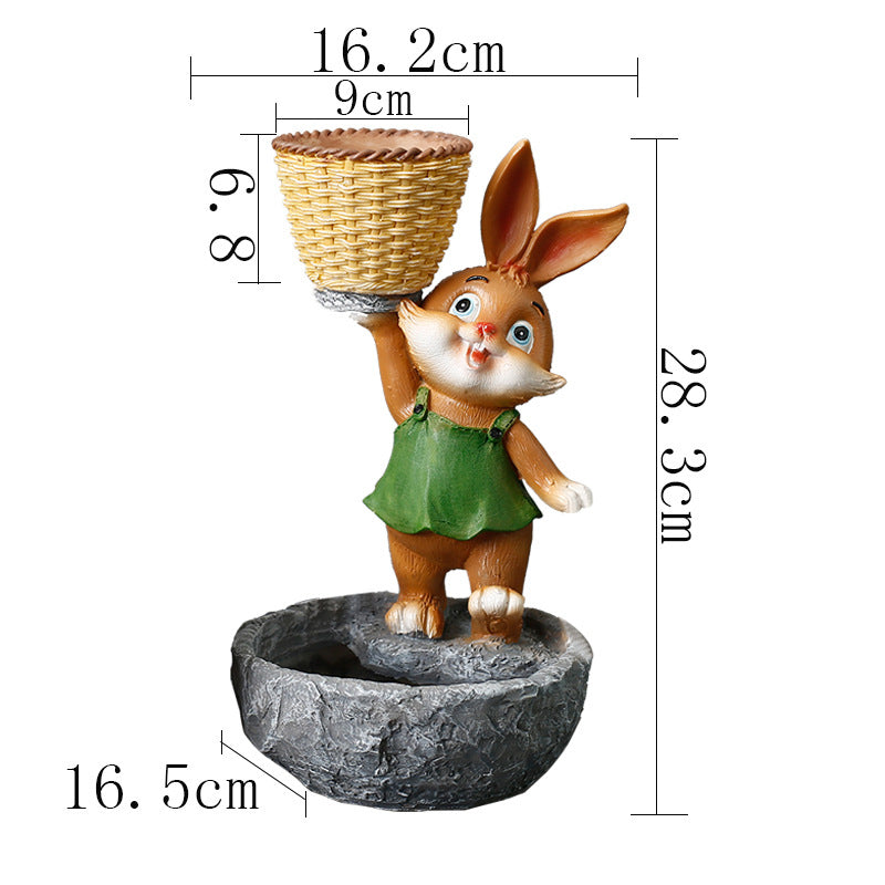 Green Clothes Brown Bunny Lifting Basket Resin Plant Pots Lovely Creative Planters